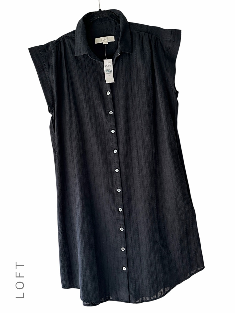 NWT LOFT BLACK SLEEVELESS PURE COTTON BUTTON FRONT SHIRT DRESS LINED | MEDIUM